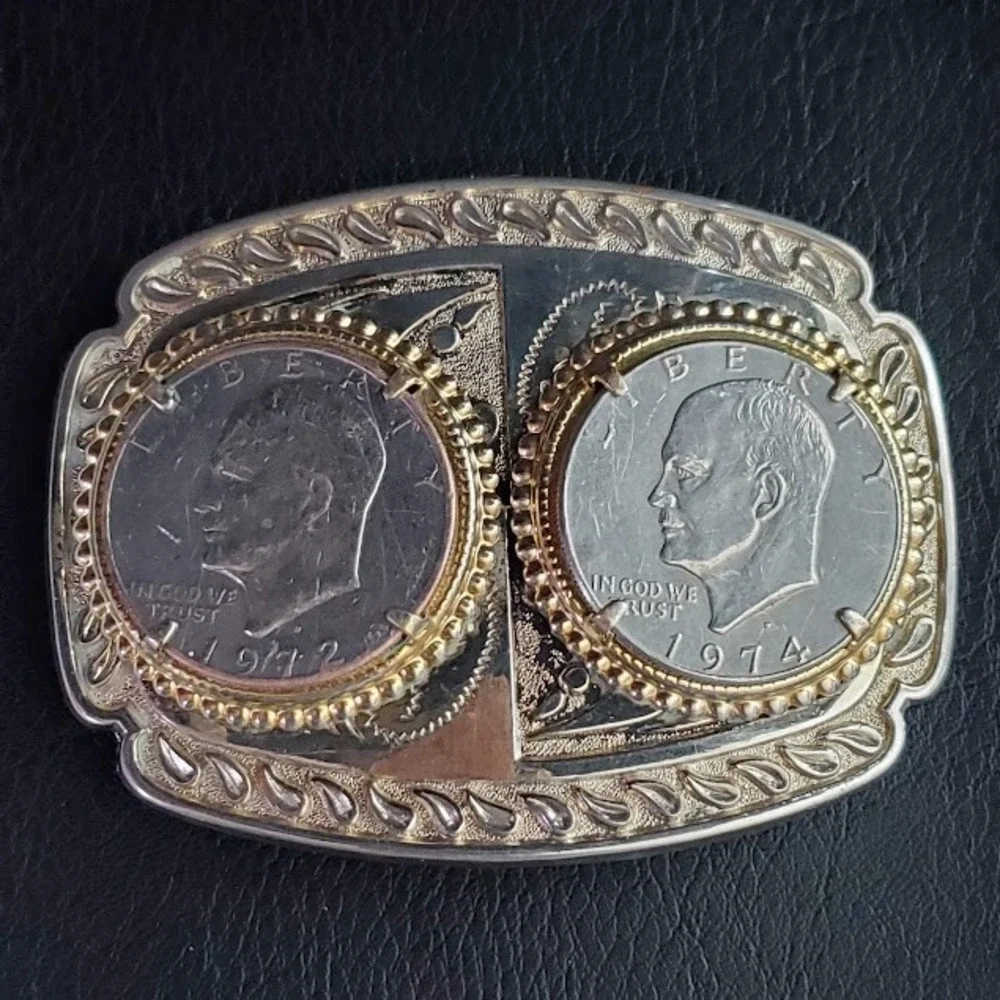 Vintage Eisenhower Dollar Belt Buckle 1972 1974 Two Tone Western Coin Buckle